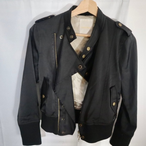Gold Buttoned Silky Black Biker Jacket - Picture 13 of 16